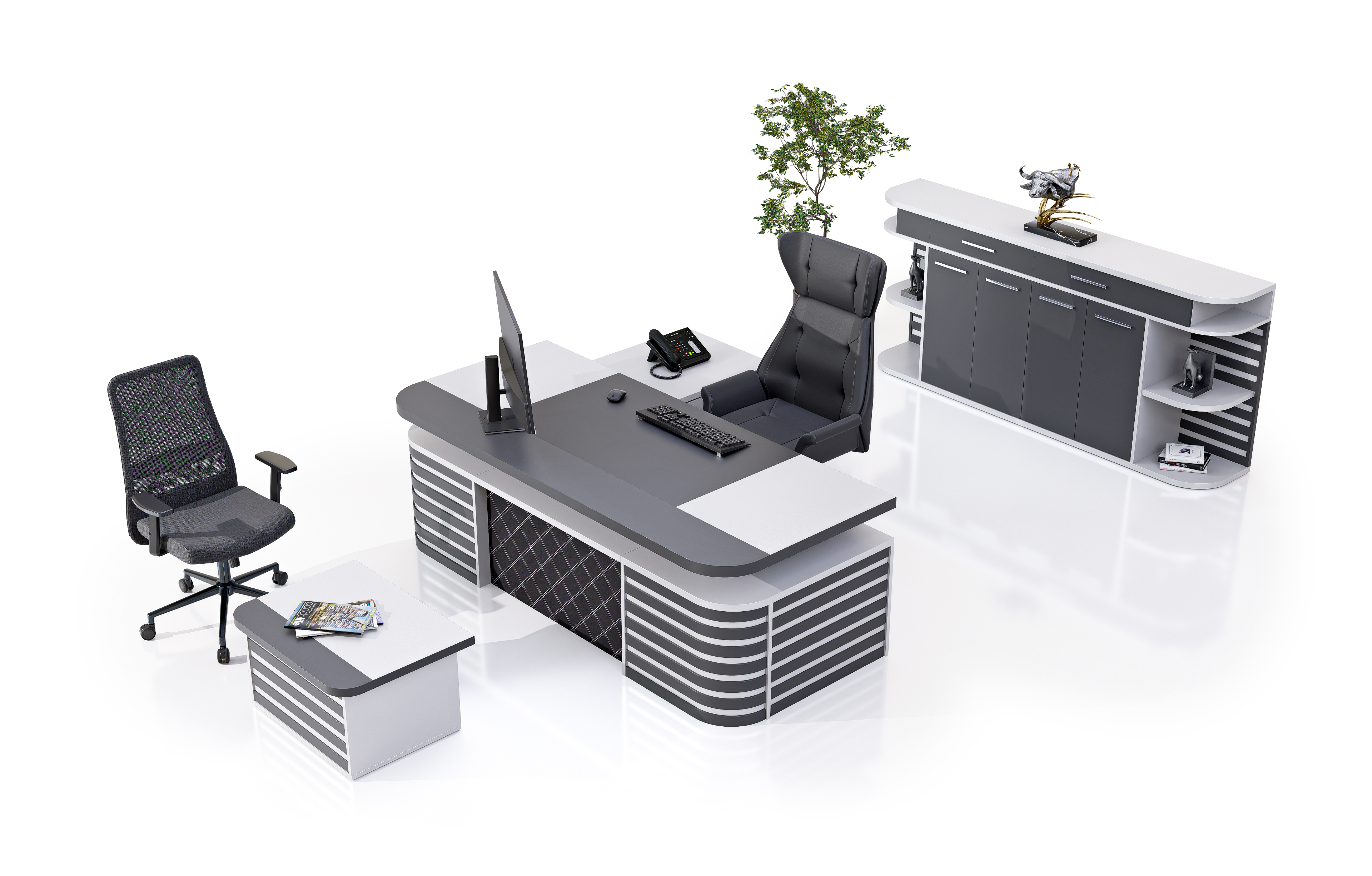 Konfull Executive Desks Inline / Beyaz - Parlak Beyaz-Antrasit Gri