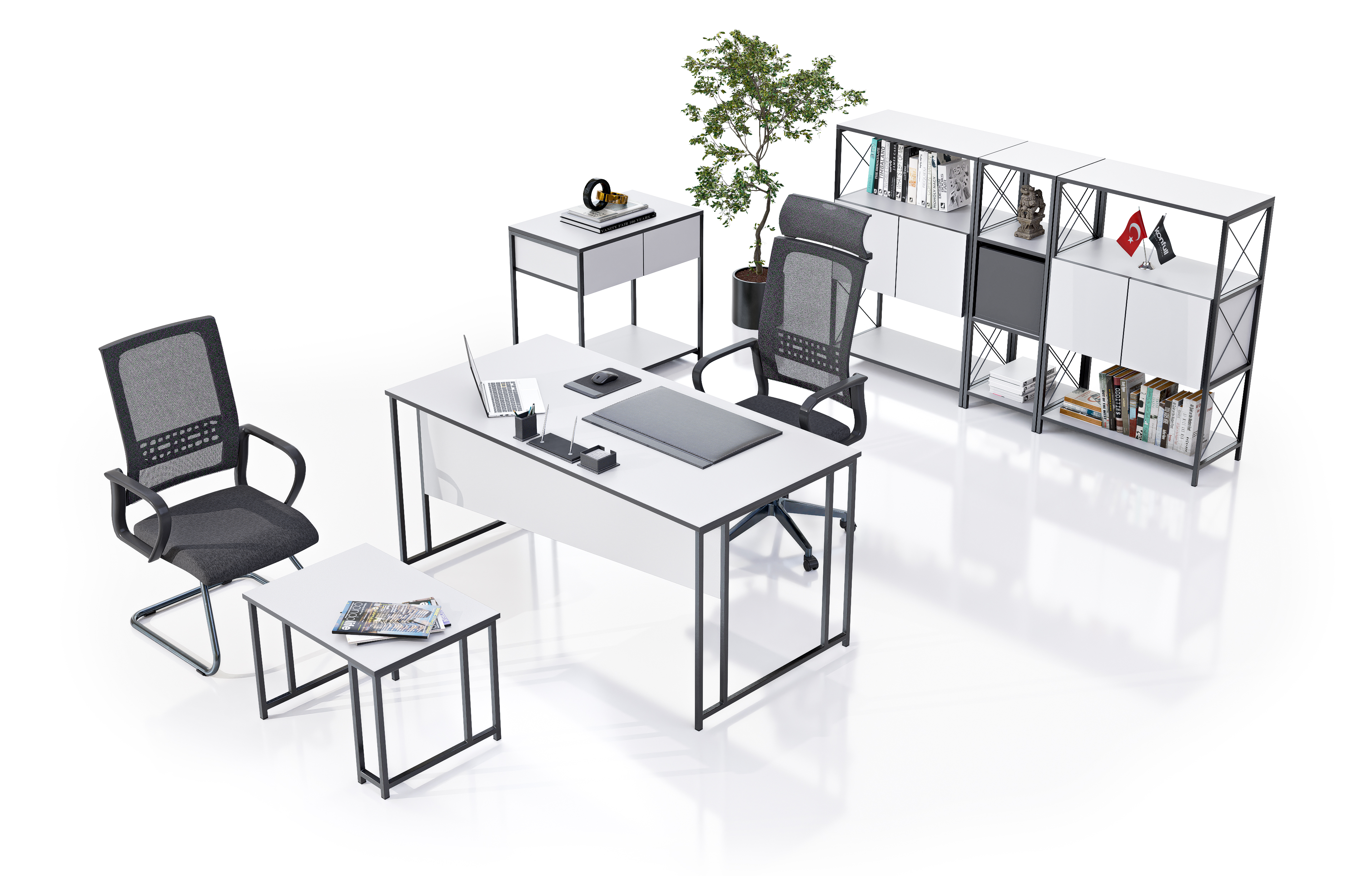 Konfull Executive Desks Troy / Beyaz - Parlak Beyaz-Antrasit Gri