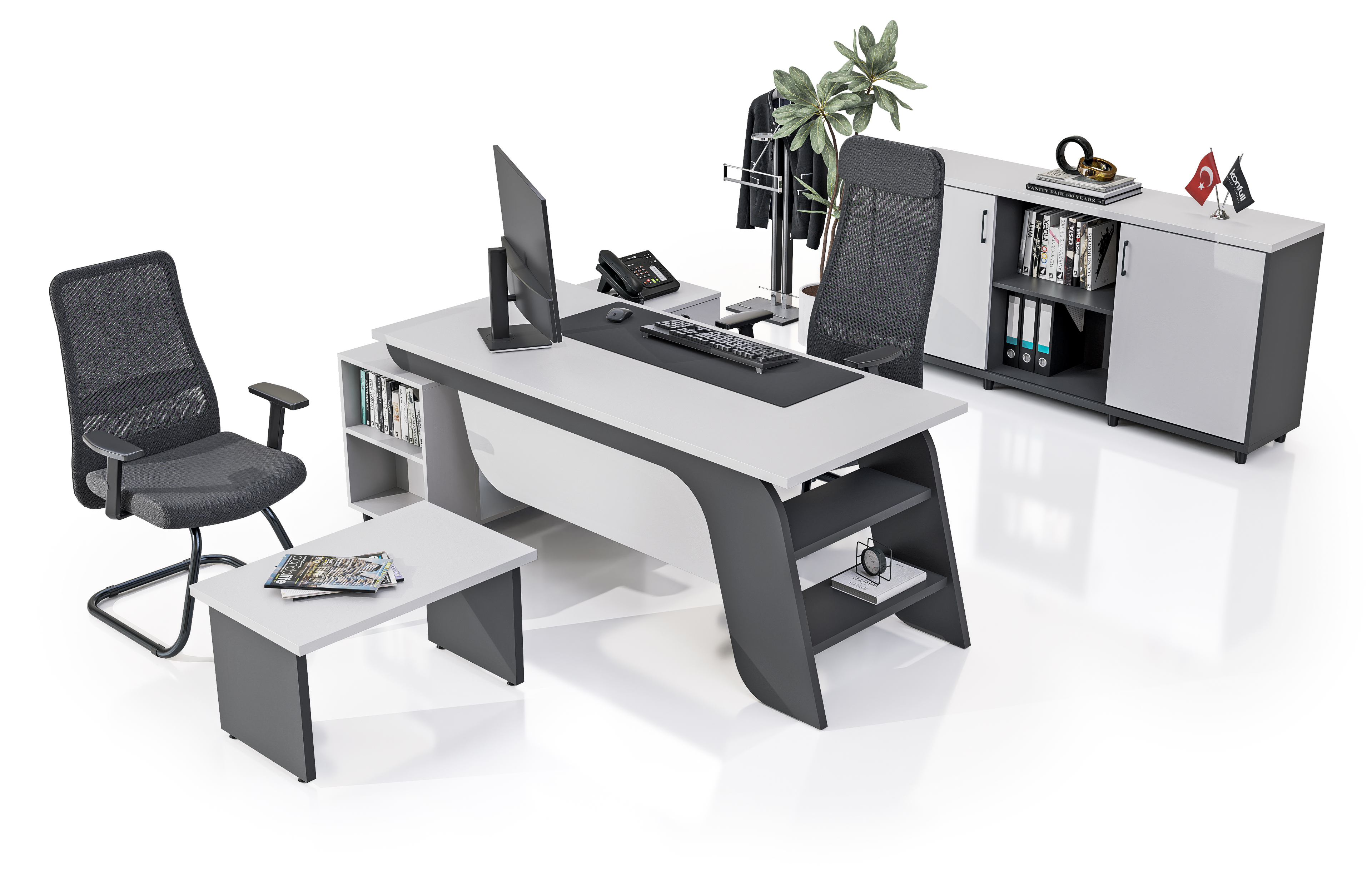 Konfull Study Desks Riga / Beyaz - Parlak Beyaz-Antrasit Gri