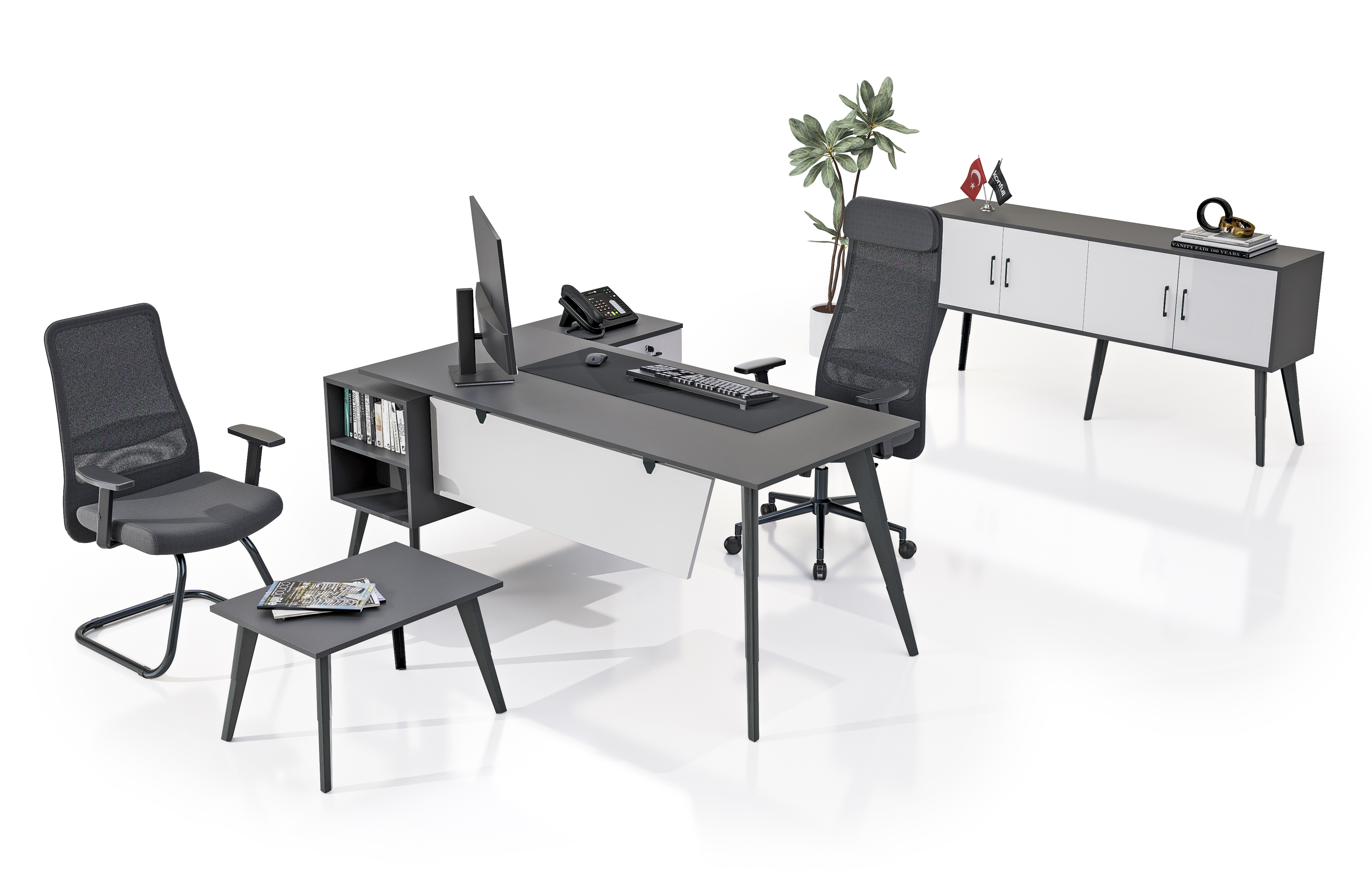 Konfull Study Desks Sun ETA / Antrasit Gri-Beyaz - Parlak Beyaz