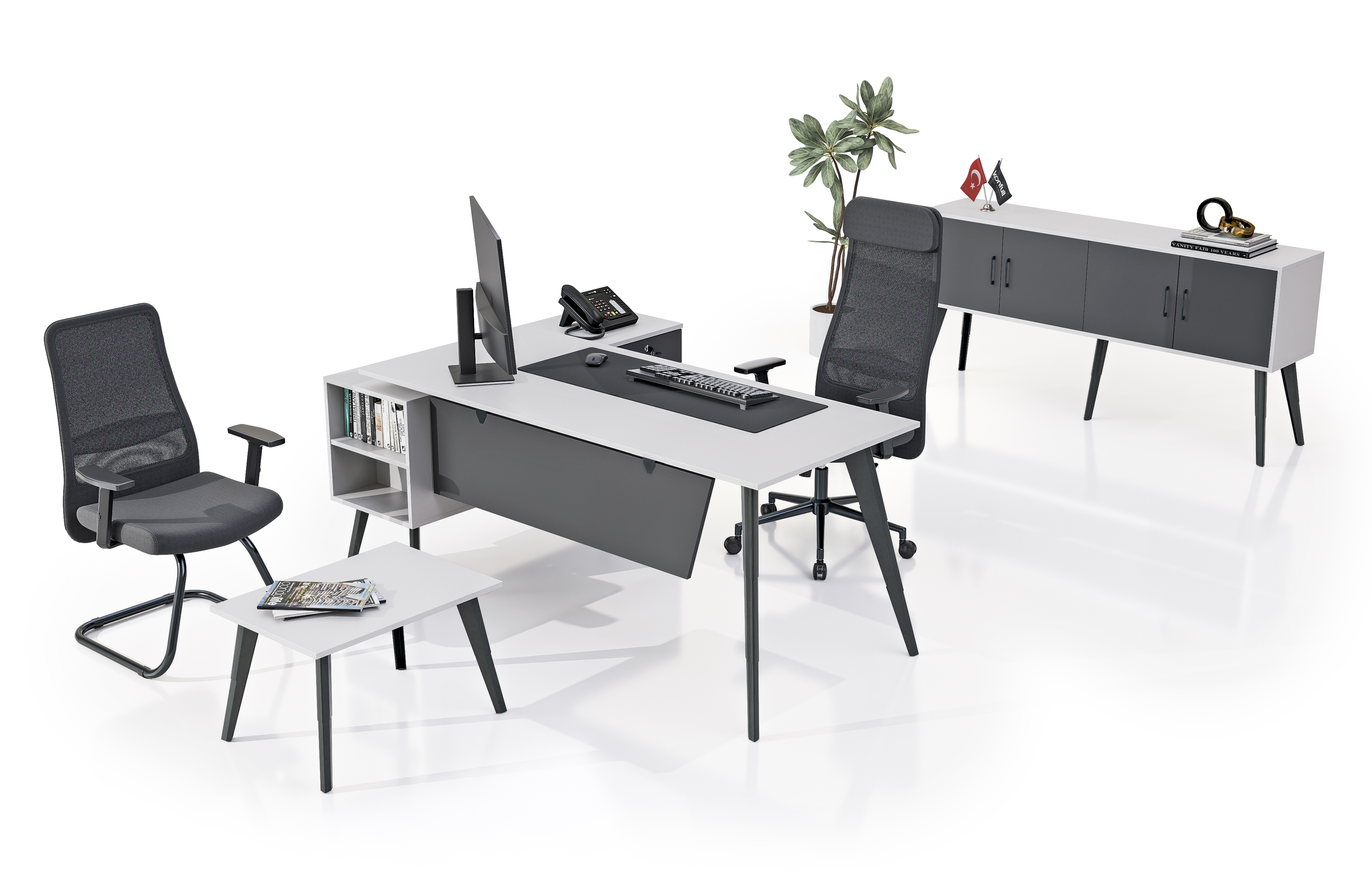 Konfull Study Desks Sun ETA / Beyaz - Parlak Beyaz-Antrasit Gri