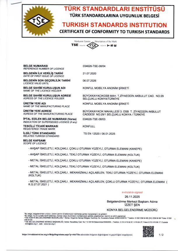 Certificate of Conformity to Turkish Standards TS EN 12520