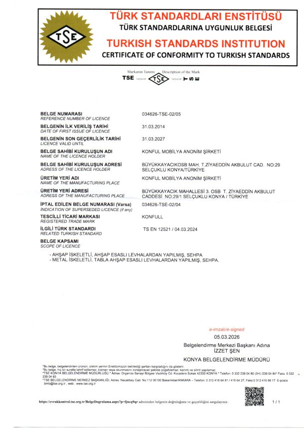 Certificate of Conformity to Turkish Standards TS EN 12521
