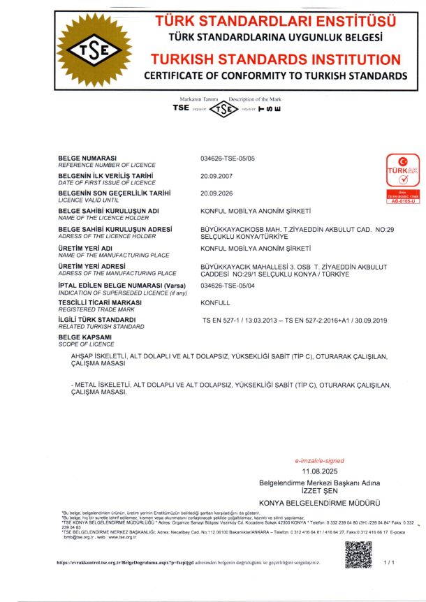 Certificate of Conformity to Turkish Standards TS EN 527-1